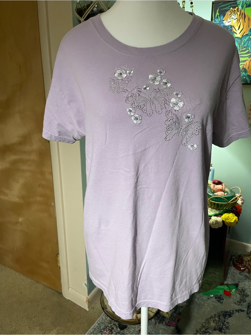 Women's Lavender Floral Embellished Short Sleeve Tee 100% cotton